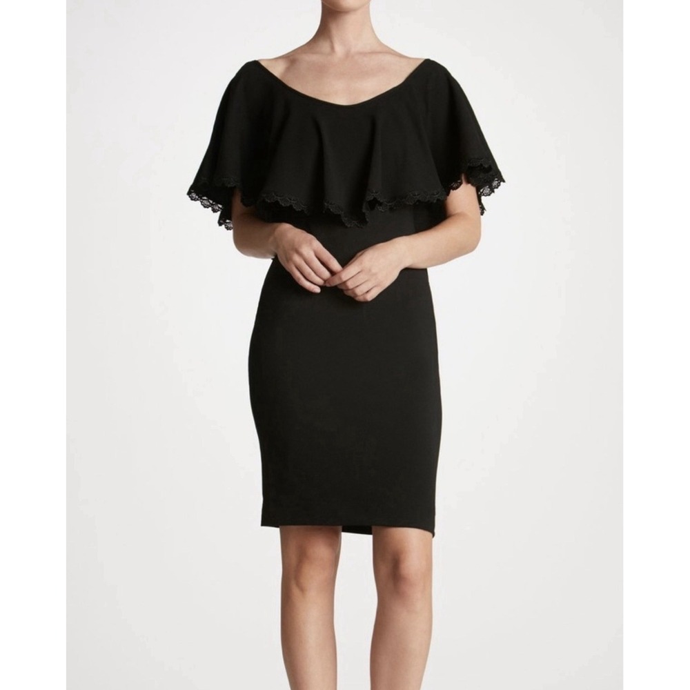 Dress The Population Delilah Crepe Dress Womens Lg Black Ruffle LBD Knee Length